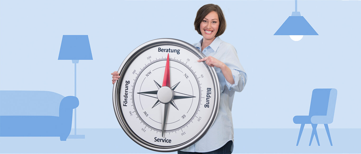 Eine Kollegin des ServiceCenters der Handwerkskammer Berlin steht vor einem grafischen Hintergrund und hat einen Kompass in der Hand mit der Aufschrift 