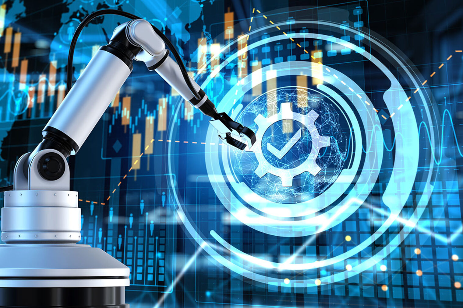 Symbolbild für Cobots mit einem Roboterarm vor einem Bildschirm, auf dem eine technische Grafik abgebildet ist. 
