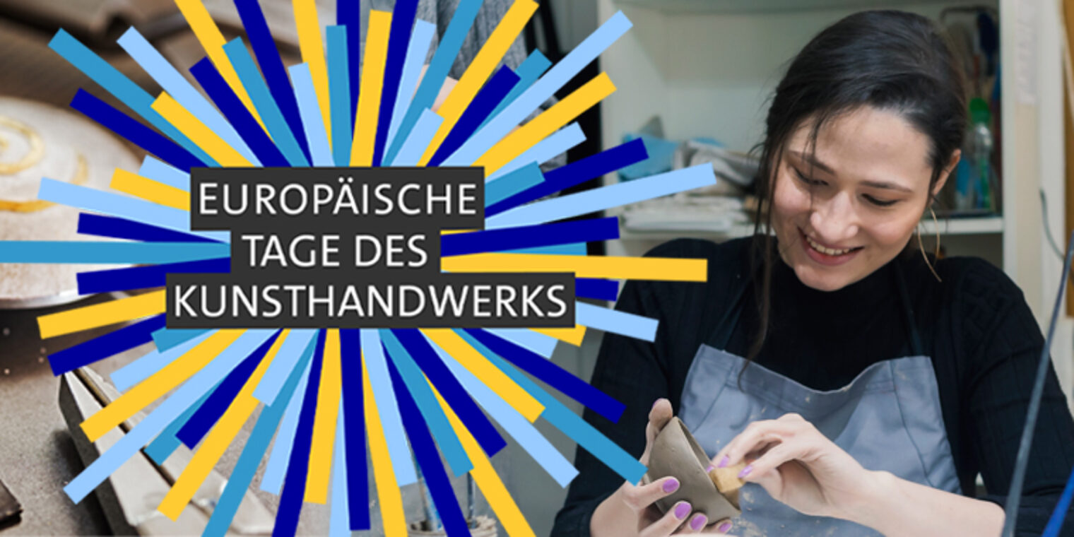 Kunsthandwerkerin mit Kunsthandwerk und dem Logo der Europäischen Tage des Kunsthandwerk 2022